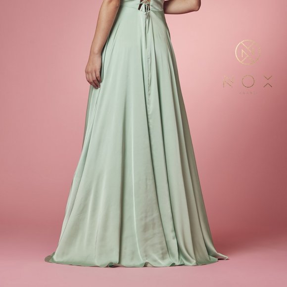 SAGE COLOR SATIN OPEN BACK PROM PARTY A-LINE LONG GOWN DRESS NX1020 - Picture 6 of 7